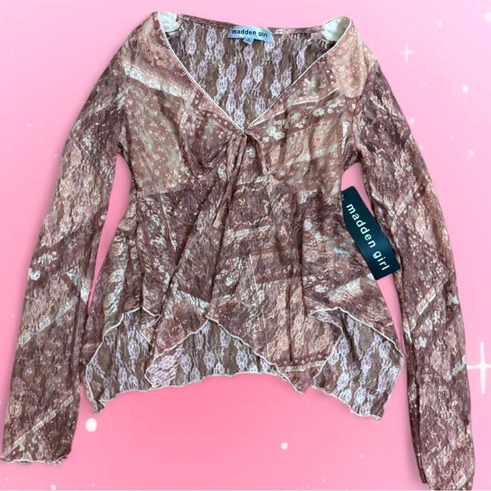 Brown and Cream Long Sleeved Sheer Top Fairycore Babydoll Size Small